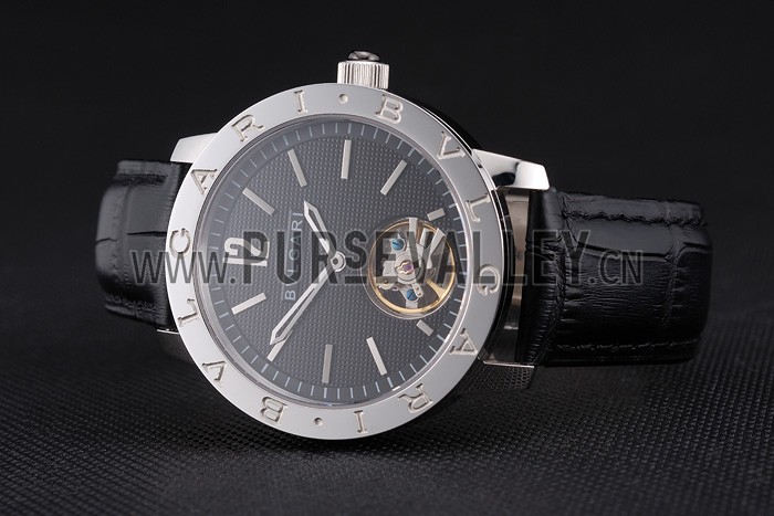 Bvlgari Tourbillon Black Dial Silver Case Black Leather Strap