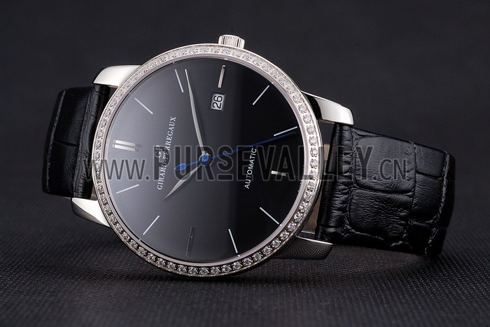 Swiss Girard-Perregaux 1966 Black Dial Silver Diamond Case Black Leather Strap