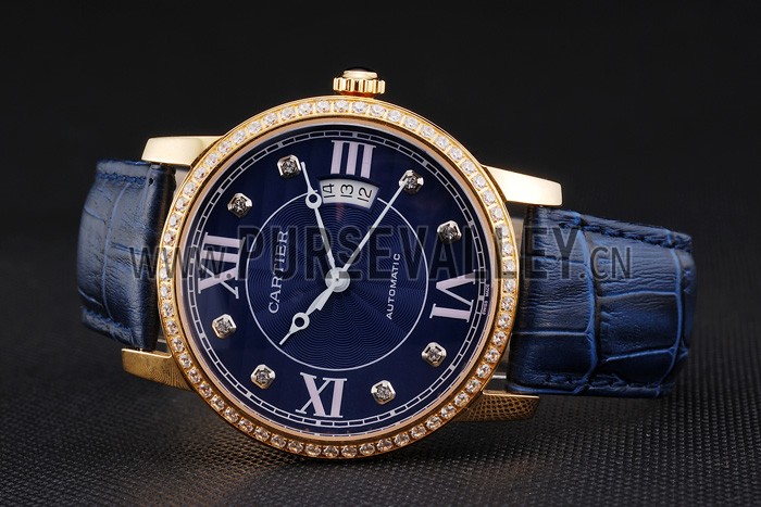 Swiss Cartier Ronde Solo Blue Dial Gold Diamond Case Blue Leather Strap