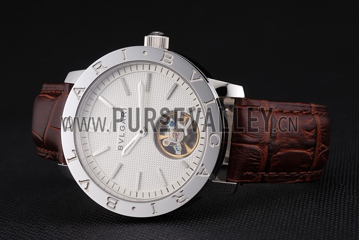 Bvlgari Tourbillon White Dial Silver Case Brown Leather Strap