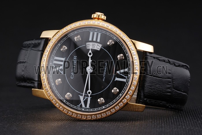 Swiss Cartier Ronde Solo Black Dial Gold Diamond Case Black Leather Strap