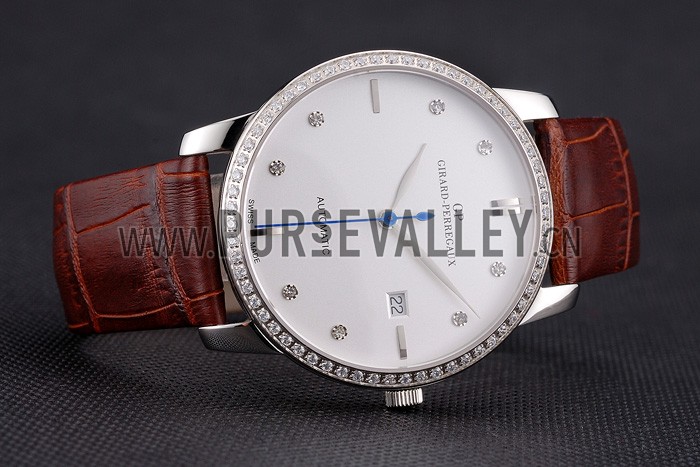 Swiss Girard-Perregaux 1966 White Dial Silver Diamond Case Brown Leather Strap