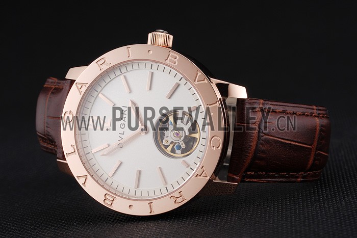 Bvlgari Tourbillon White Dial Gold Case Brown Leather Strap