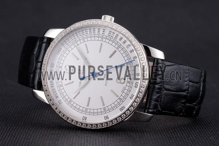 Swiss Girard-Perregaux 1966 Automatic White Dial Silver Diamond Case Black Leather Strap