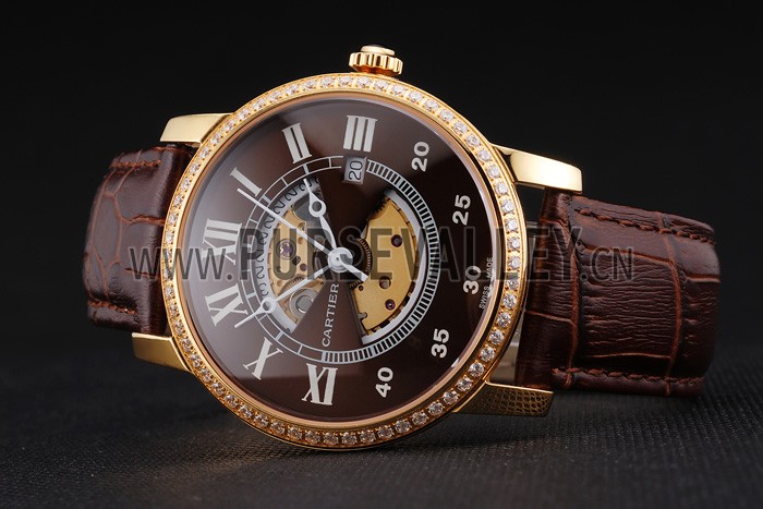 Swiss Cartier Rotonde Small Complication Brown Dial Gold Diamond Case Brown Leather Strap