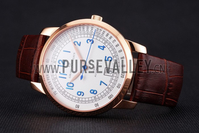 Swiss Girard-Perregaux 1966 Automatic White Dial Gold Case Blue Numerals Brown Leather Strap