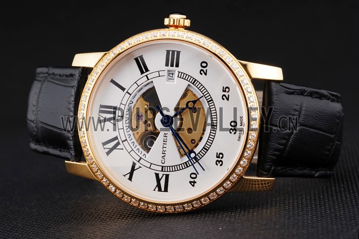 Swiss Cartier Rotonde Small Complication White Dial Gold Diamond Case Black Leather Strap