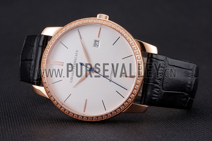 Swiss Girard-Perregaux 1966 White Dial Gold Diamond Case Black Leather Strap