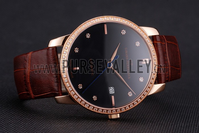 Swiss Girard-Perregaux 1966 Black Dial Gold Diamond Case Brown Leather Strap