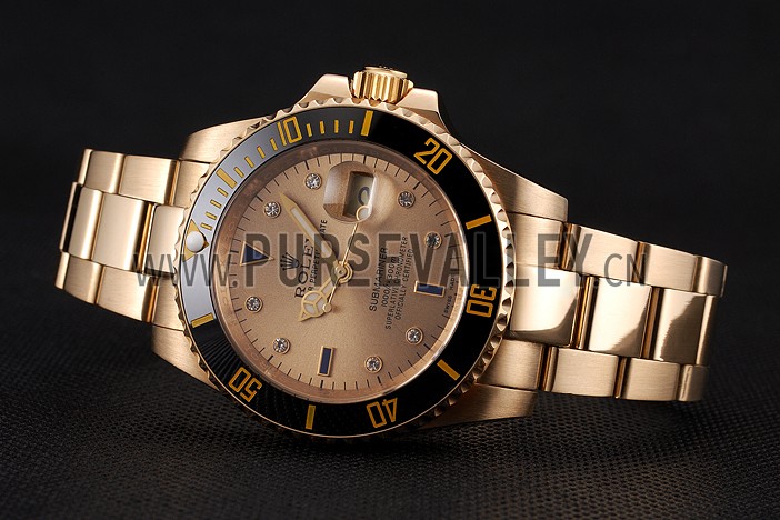 Swiss Rolex Submariner Gold Dial With Diamond Markings Black Bezel Yellow Gold Case And Bracelet