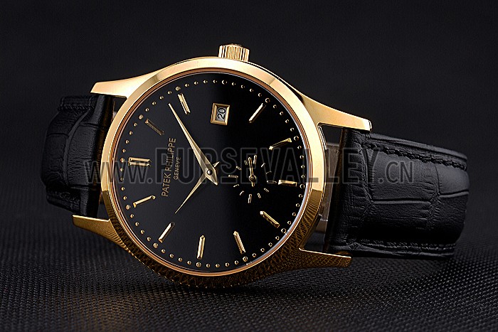 Patek Philippe Calatrava Black Dial Gold Case Black Leather Strap 622845