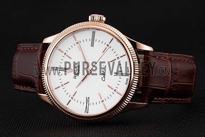 Swiss Rolex Cellini Time Gold Case White Dial Brown Leather Bracelet 622655