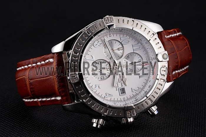 Breitling Chronomat 13 Stainless Steel Case White Dial Arabic Numerals Brown Leather Bracelet 622238