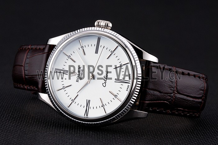 Rolex Cellini White Dial Stainless Steel Case Brown Leather Strap 622839