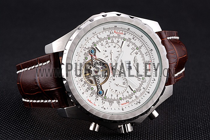 Breitling Bentley Mulliner Tourbillon White Dial Stainless Steel Case Brown Leather Strap 622729