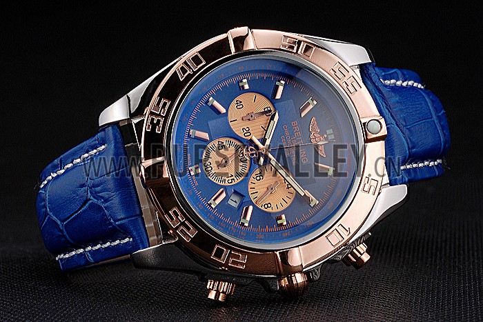 Breitling Chronomat Blue Dial Rose Gold Bezel And Subdials Stainless Steel Case Blue Leather Strap