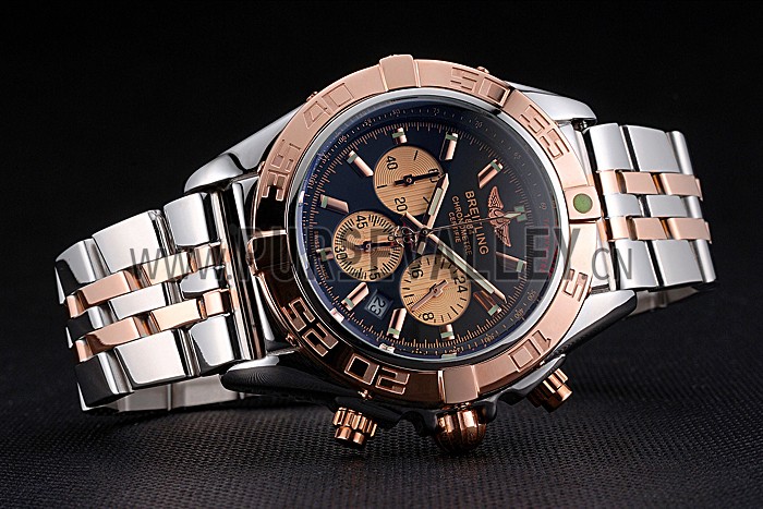 Breitling Chronomat Black Dial Rose Gold Bezel And Subdials Stainless Steel Case Two Tone Bracelet