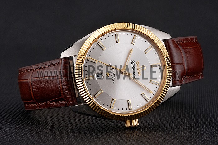Omega Globemaster Silver Dial Gold Bezel Stainless Steel Case Brown Leather Strap
