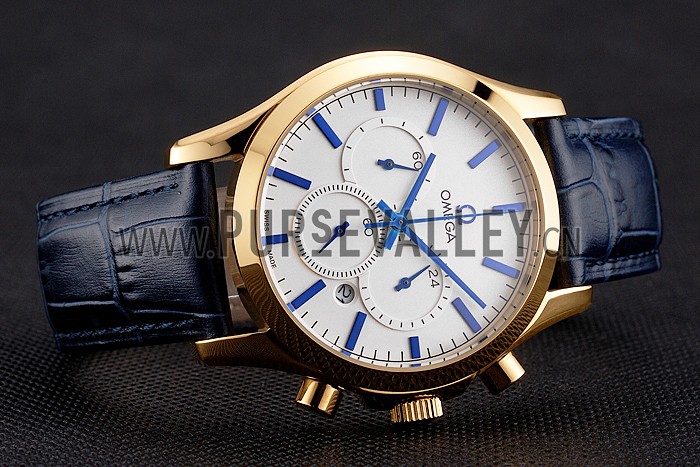 Omega Chronograph White Dial Gold Case Blue Leather Strap