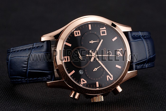 Omega Chronograph Black Dial Rose Gold Case Blue Leather Strap