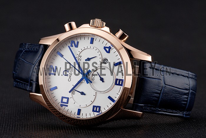Omega Chronograph White Dial Rose Gold Case Blue Leather Strap