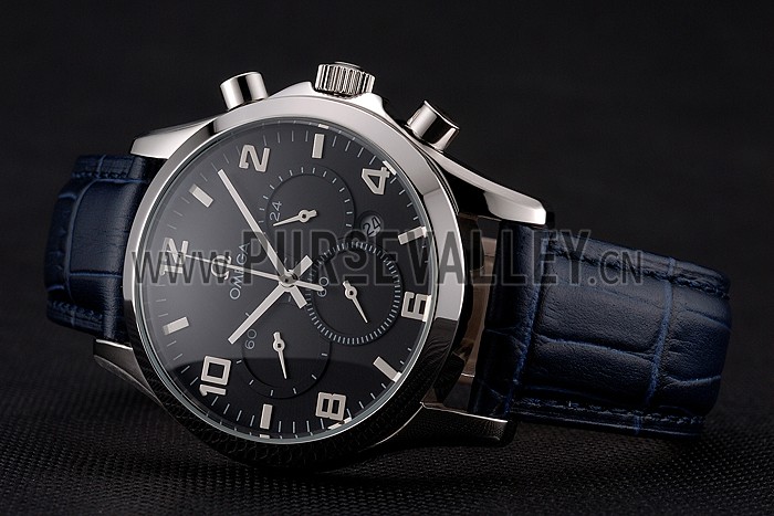 Omega Chronograph Black Dial Stainless Steel Case Blue Leather Strap