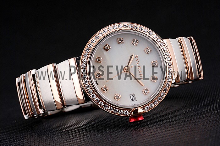 Bvlgari Lvcea White Dial Diamond Hour Markings Rose Gold Case With Diamonds Two Tone Bracelet