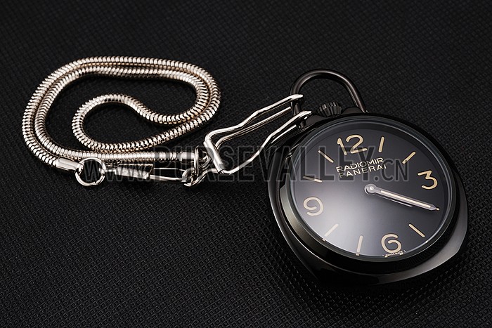 Swiss Panerai Radiomir Pocket Watch Black Dial Black Plated Case Stainless Steel Chain 1453742