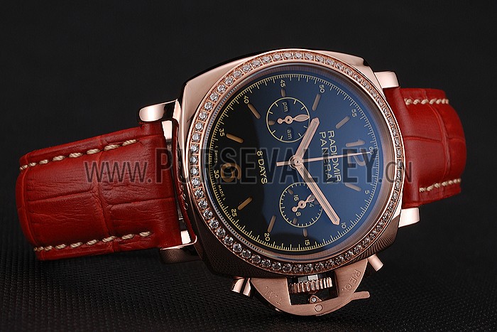 Panerai Radiomir 8 Days Chronograph Black Dial Diamond Bezel Rose Gold Case Red Leather Strap 1453797
