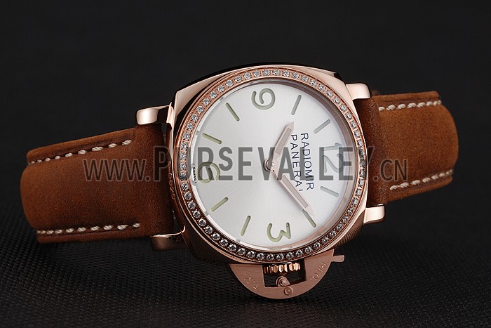 Panerai Radiomir White Dial Diamond Bezel Rose Gold Case Brown Suede Leather Strap 1453799