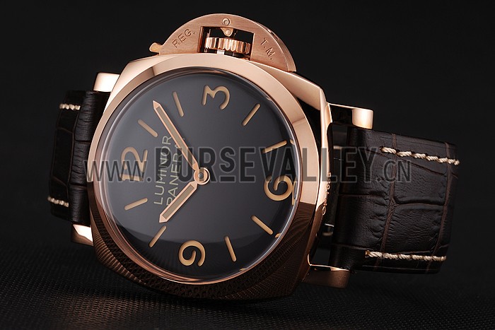Swiss Panerai Luminor Black Dial Rose Gold Case Brown Leather Strap 1453842
