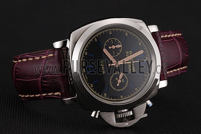 Panerai Radiomir 8 Days Chronograph Black Dial Stainless Steel Case Plum Leather Strap 1453795