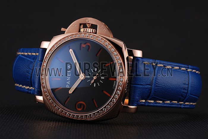 Panerai Radiomir Black Dial Diamond Bezel Rose Gold Case Blue Leather Strap 1453800