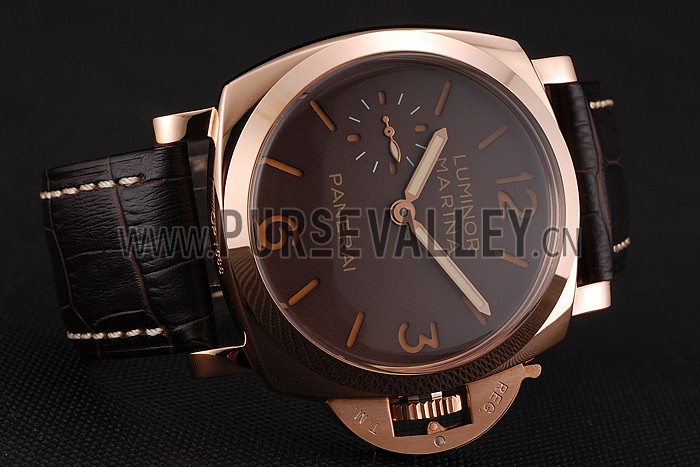 Swiss Panerai Luminor Marina Brown Dial Rose Gold Case Brown Leather Strap 1453843