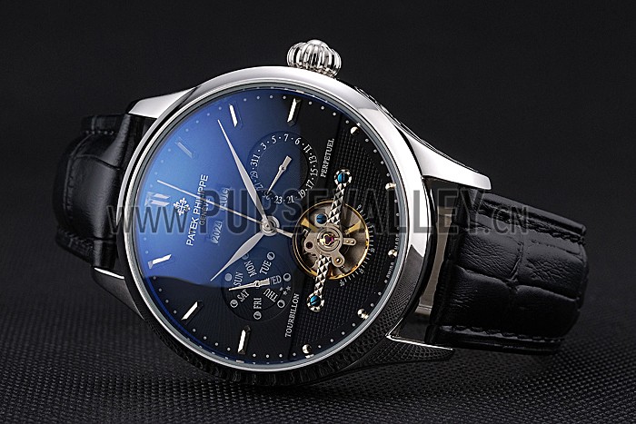 Patek Philippe Day Date Tourbillon Black Dial Stainless Steel Case Black Leather Strap 622839