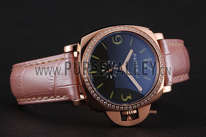 Panerai Radiomir Black Dial Diamond Bezel Rose Gold Case Pink Leather Strap 1453801
