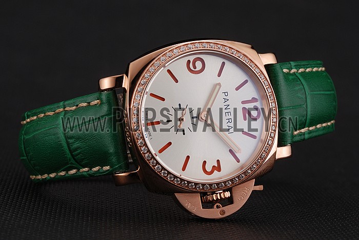 Panerai Radiomir White Dial Diamond Bezel Rose Gold Case Green Leather Strap 1453803