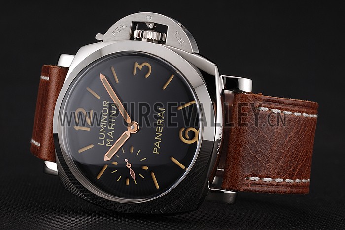 Swiss Panerai Luminor Marina Black Dial Stainless Steel Case Brown Leather Strap 1453852