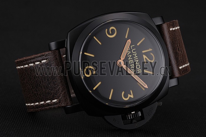 Swiss Panerai Luminor Black Dial Black PVD Case Brown Leather Strap 1453855