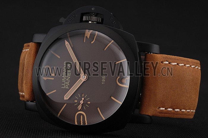 Swiss Panerai Luminor 1950 Brown Dial Black PVD Case Brown Suede Leather Strap 1453848