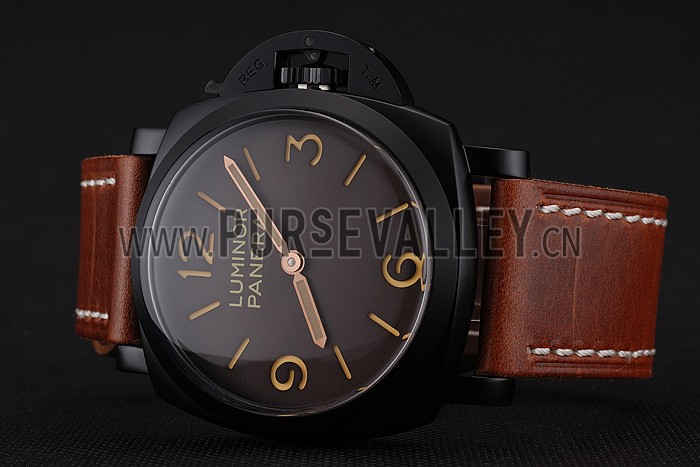 Swiss Panerai Luminor Brown Dial Black PVD Case Brown Leather Strap 1453856
