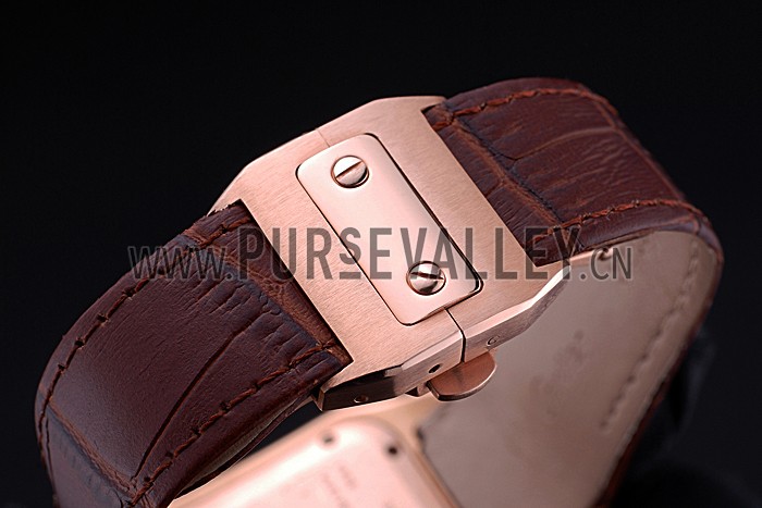 Swiss Cartier Santos Black Dial Diamonds Case Brown Leather Bracelet 622550