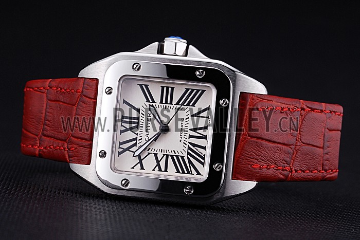 Swiss Cartier Santos White Dial Stainless Steel Case Red Leather Bracelet 622551