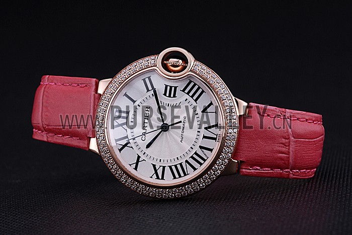 Swiss Cartier Ballon Bleu de Cartier White Dial Diamonds Case Pink Leather Bracelet 622553
