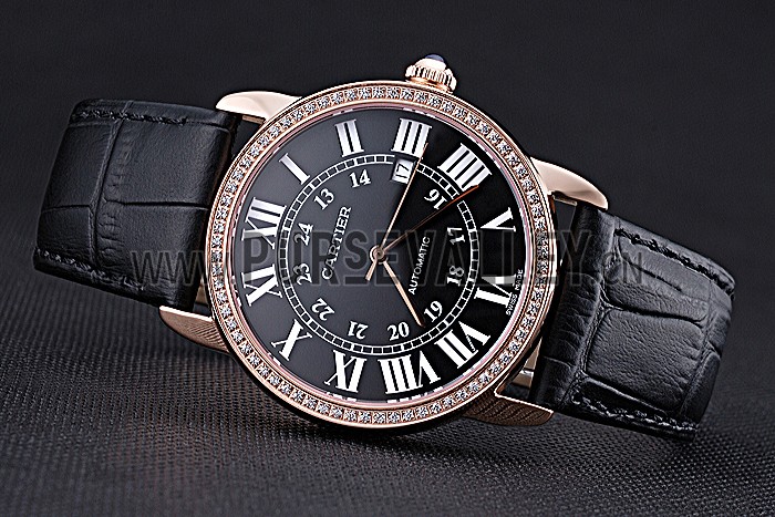Swiss Cartier Ronde Solo Gold Diamond Case Black Dial Roman Numerals 622207