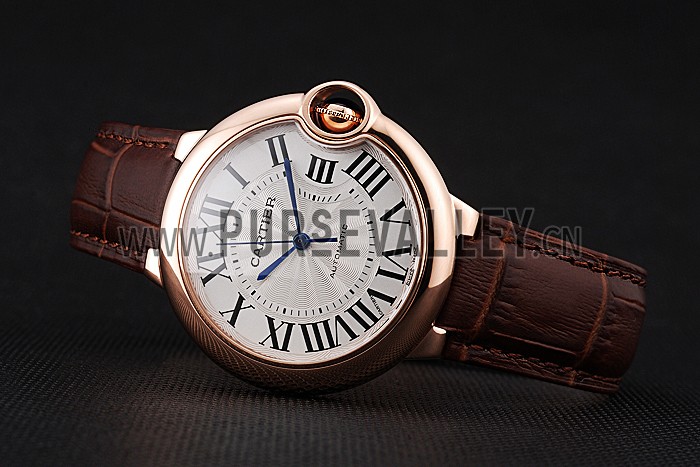 Swiss Ballon Blue De Cartier Gold Case White Dial Roman Numerals Brown Leather Bracelet 622651