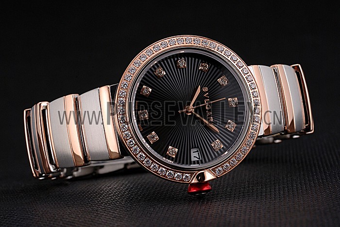 Bvlgari Lvcea Black Dial Diamond Hour Markings Rose Gold Case With Diamonds Two Tone Bracelet