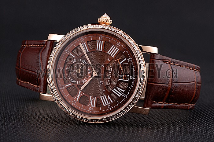 Cartier Rotonde Brown Dial Gold Case With Jewels Brown Leather Strap 622759