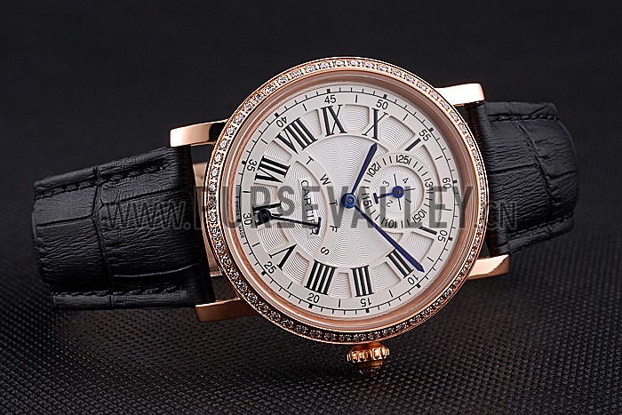 Cartier Rotonde White Dial Gold Case With Jewels Black Leather Strap 622760