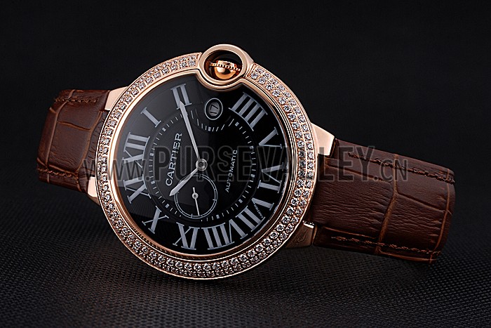 Swiss Cartier Ballon Bleu Diamond Case Black Dial Brown Leather Bracelet 622679
